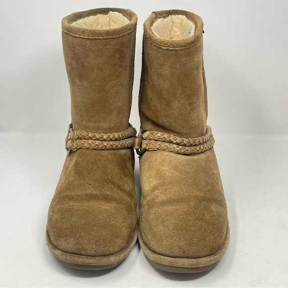 BearPaw Adele Boots Womens 9 Brown Tan Suede Fur Lined Mid Calf Braided Strap - Picture 5 of 16